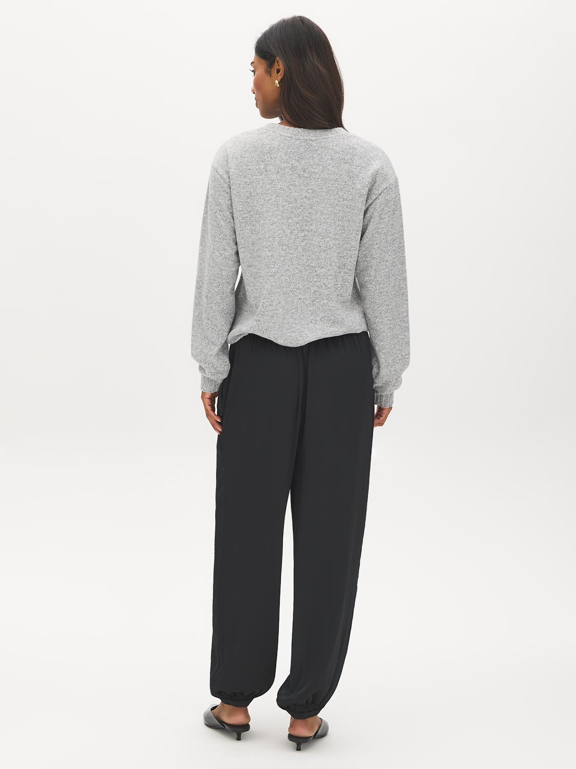 Grey Melange Crew Neck Hacci Top with Sequin Bow - Back View - Suzy Shier