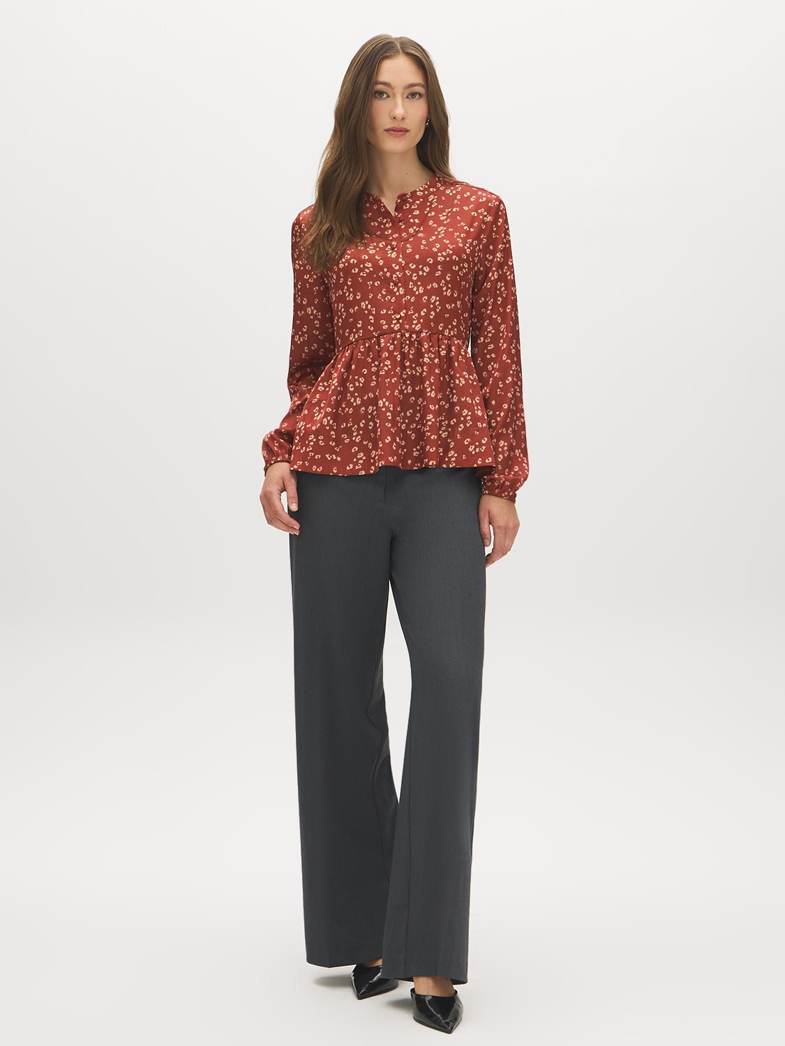 Arabian Spice Satin-Like Animal Print Peplum Blouse - Front View - Suzy Shier