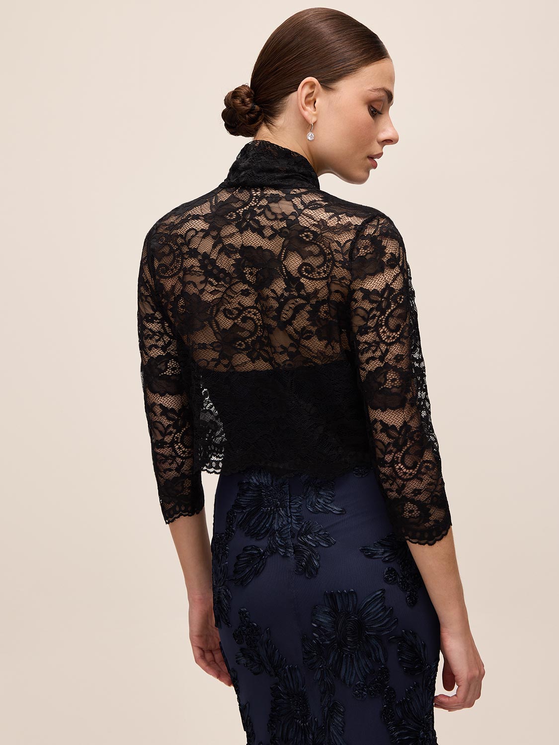 Black Lace Bolero with 3/4 Sleeves and Bow Ties - Back View - Le Chateau