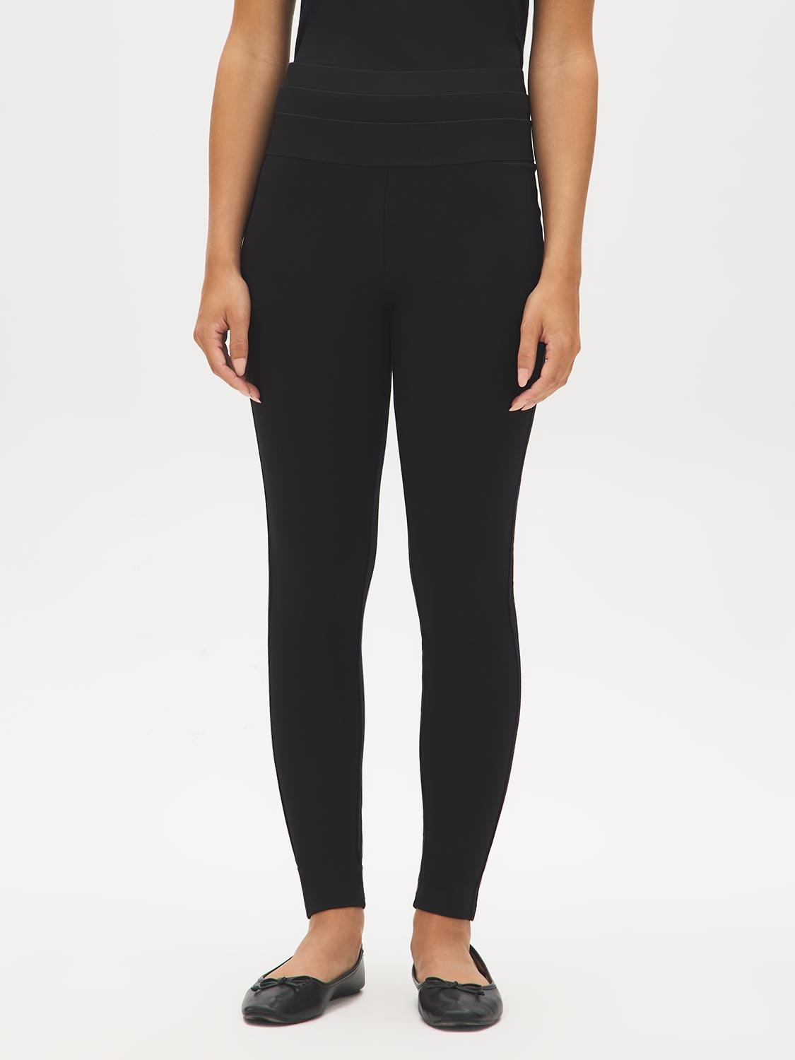 Black High-Rise Skinny Knit Pants - Front View - Suzy Shier