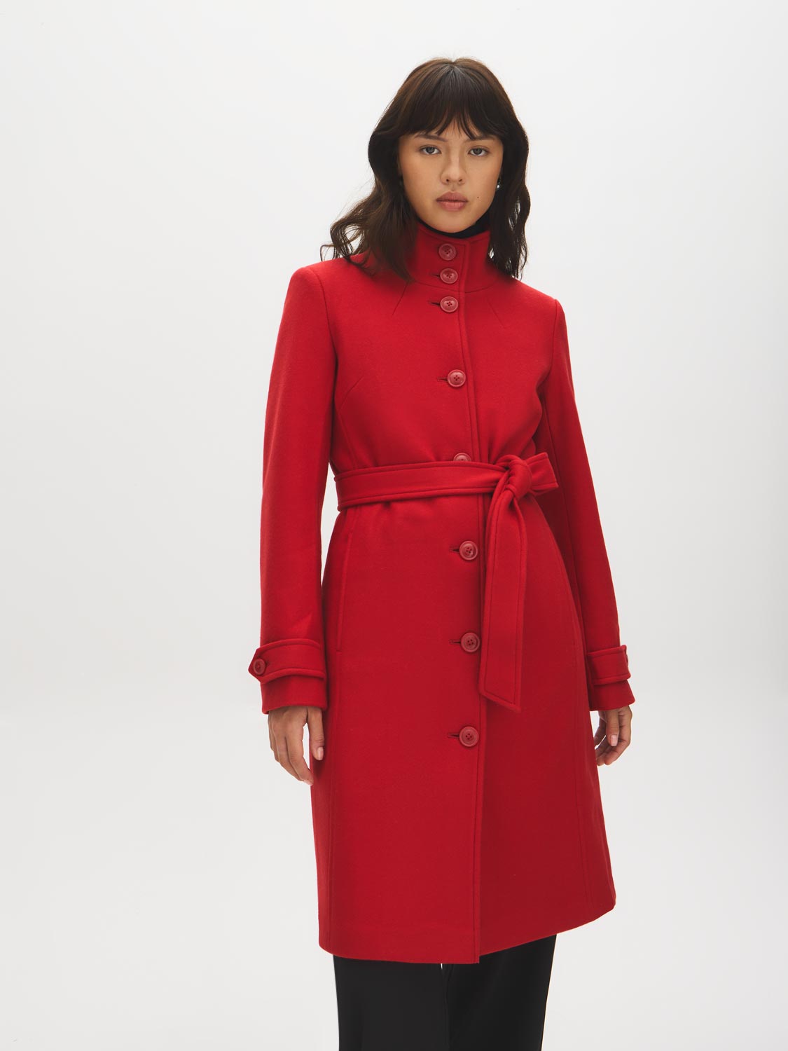 Red Faux Wool Funnel Neck Coat with Wrap Belt - Front View - Suzy Shier