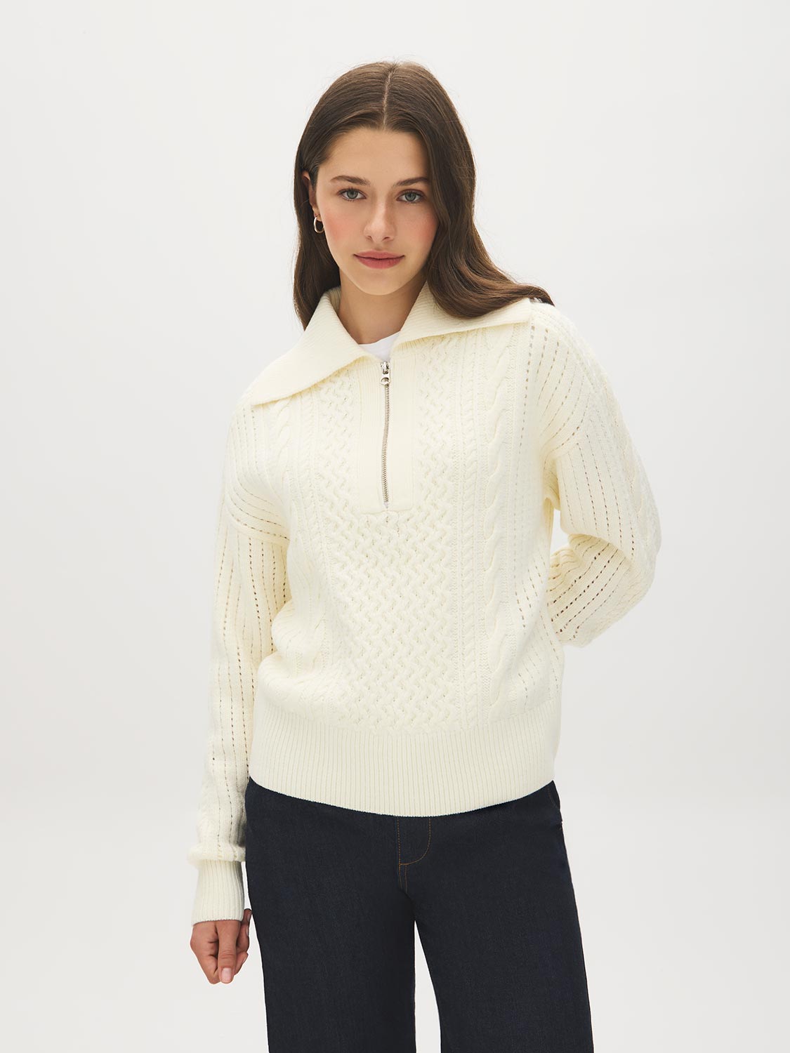 Snow White Quarter-Zip Cable Knit Sweater - Woman Wearing Cozy Knit Top - Suzy Shier