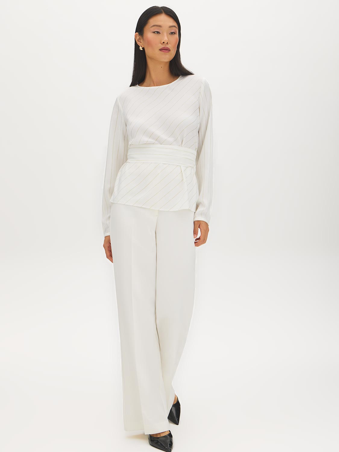 Winter White/Gold Stripe Popover Blouse with Sash Belt - Front View - Suzy Shier