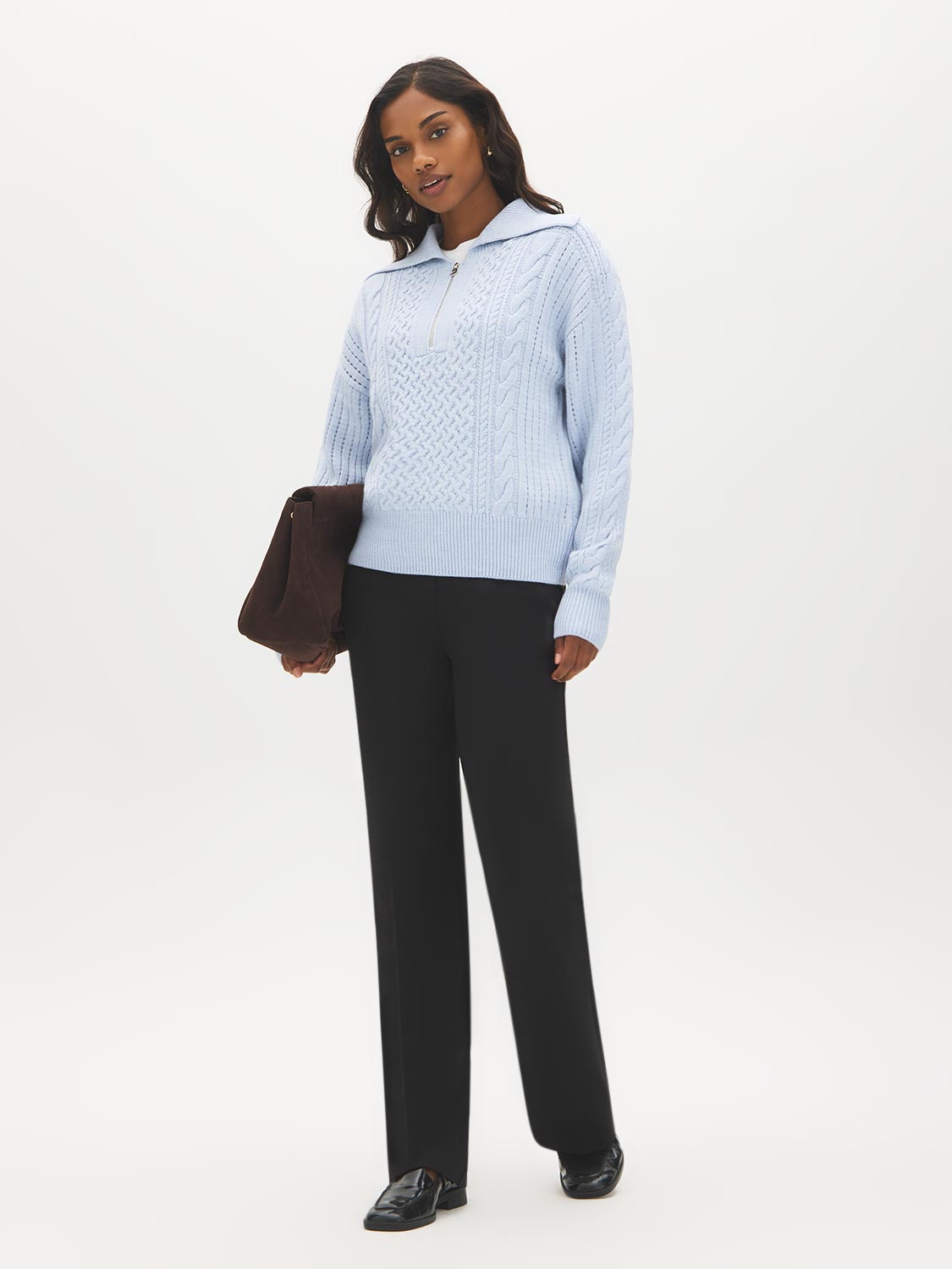 Sky Melange Quarter Zip Cable Knit Sweater - Front View - Suzy Shier