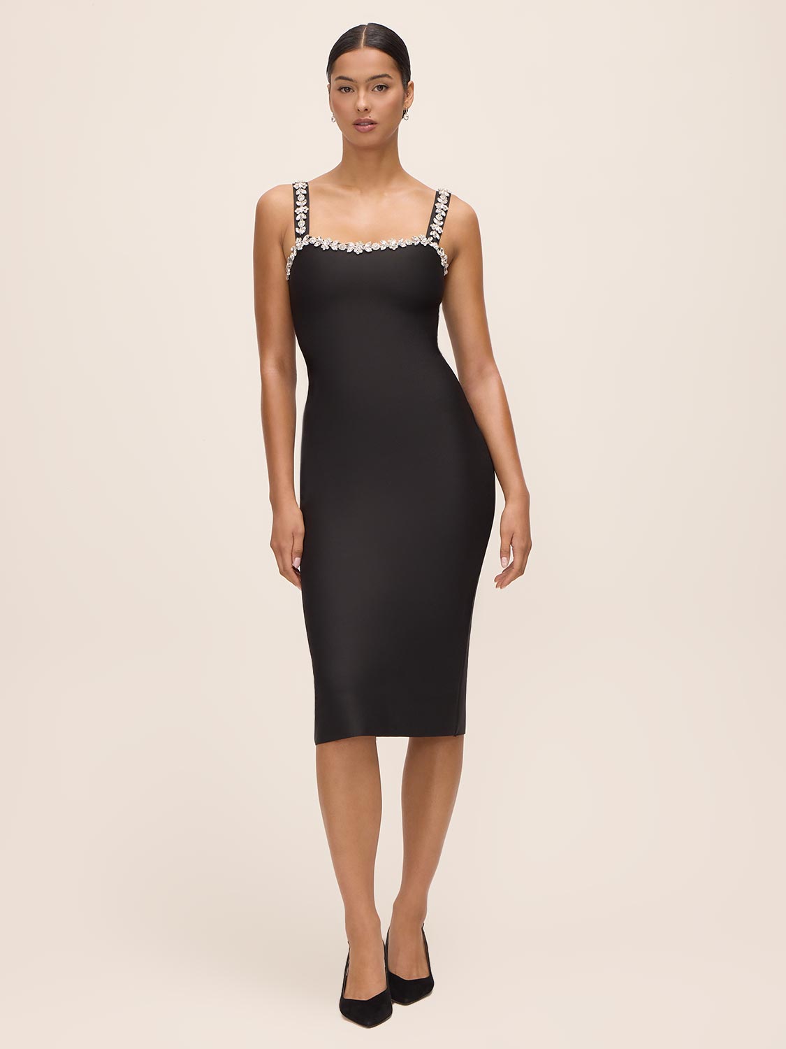 Black Square Neck Bandage Sheath Dress with Jewel Trim - Front View - Le Chateau