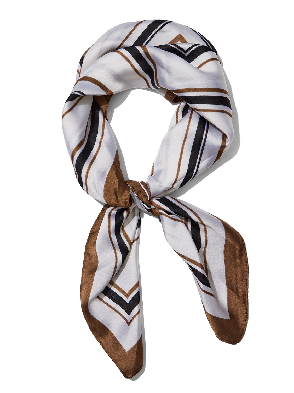 White and Taupe Striped Silk-Like Scarf - Close-up Soft Woven Texture - Suzy Shier