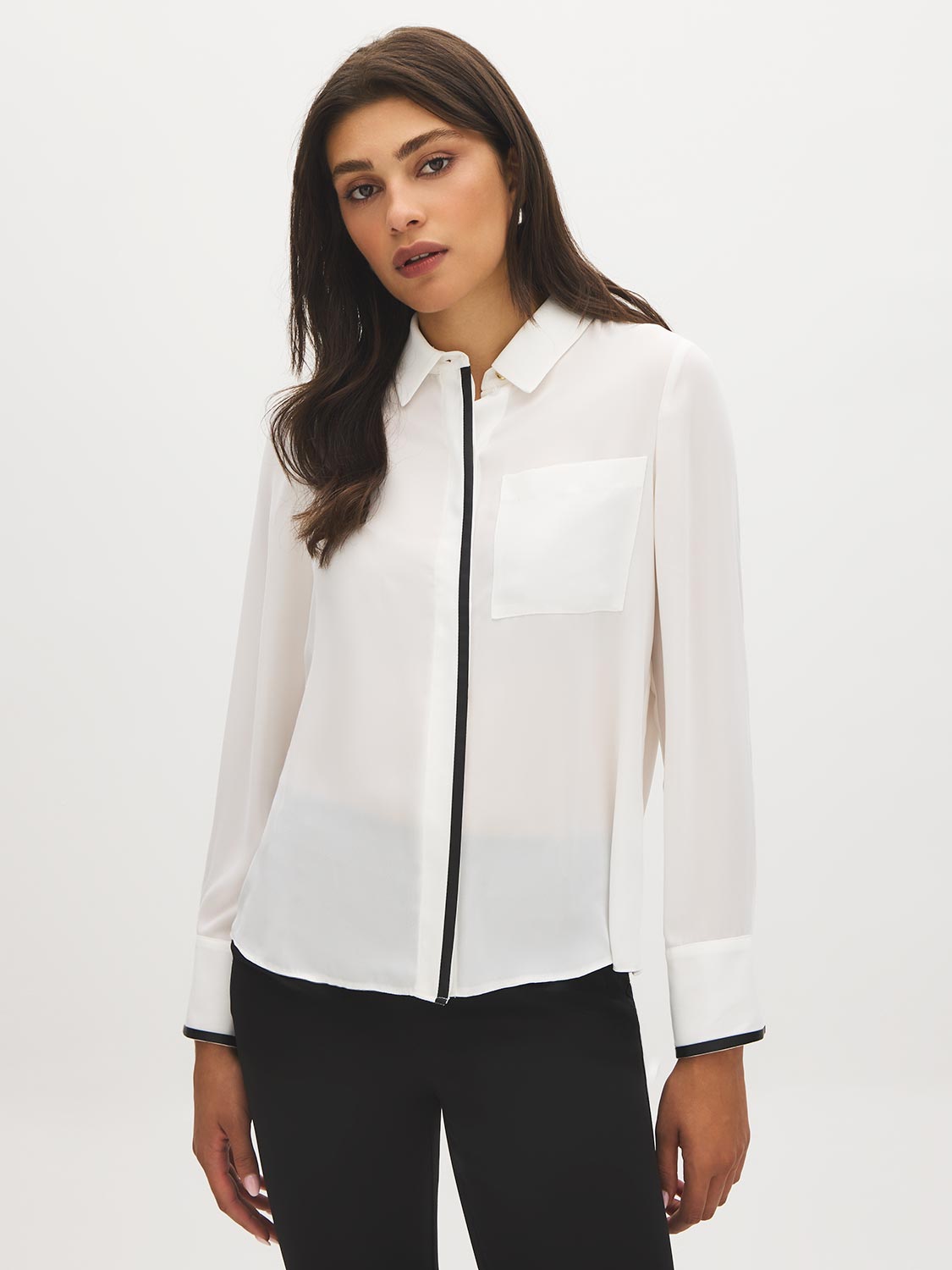 Bright White faux-leather Trim Long Sleeve Blouse - Woman Wearing Woven Shirt with Hidden Button Placket - Suzy Shier