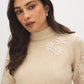 Beige Floral Embroidered Mock Neck Sweater - Close-up Fabric Detail - Suzy Shier