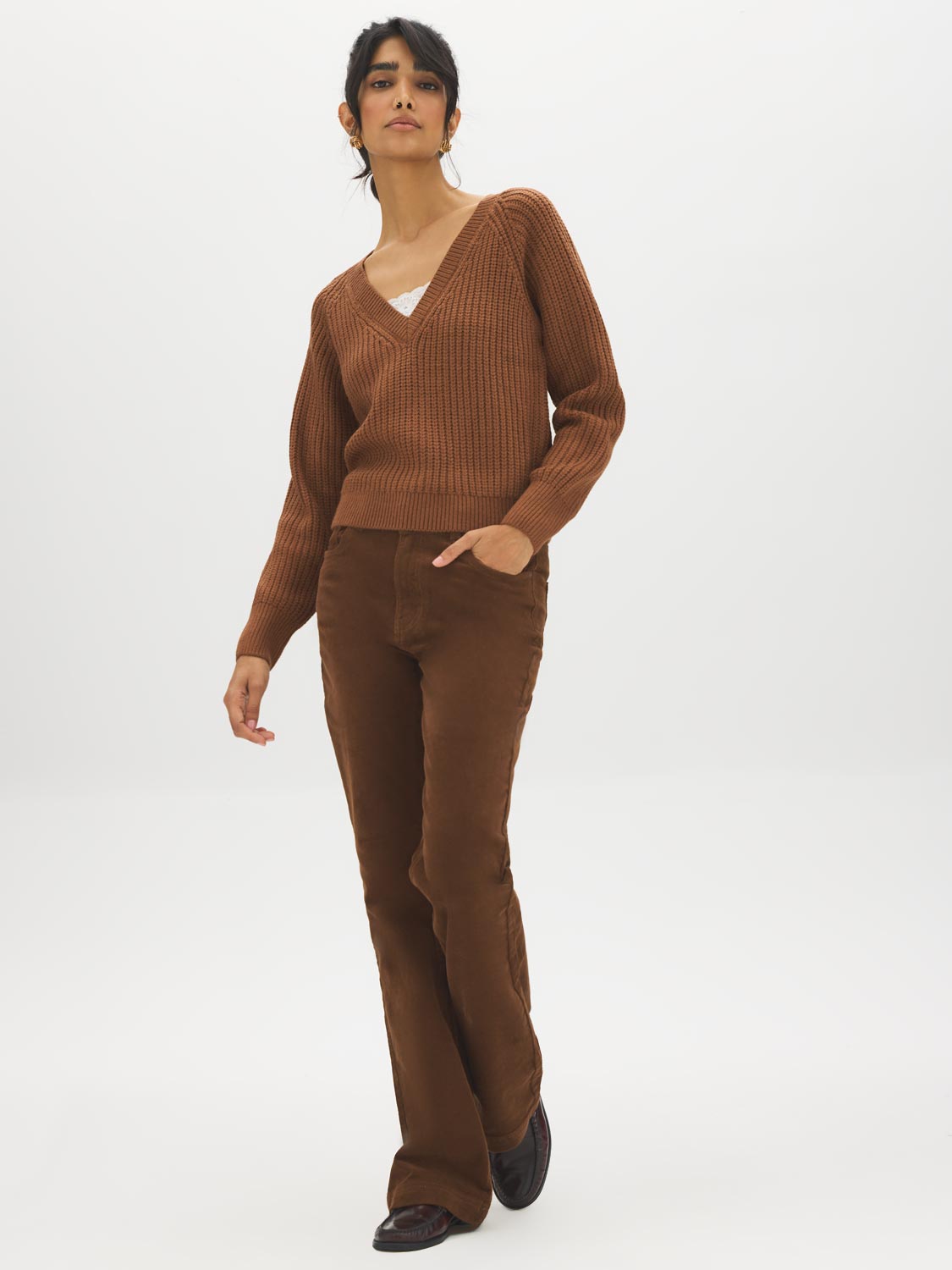 Bison V-Neck Sweater with Lace Trim - Front View - Suzy Shier