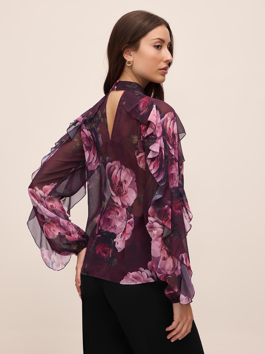 Eggplant Floral Keyhole Ruffle Blouse - Back View - Le Chateau