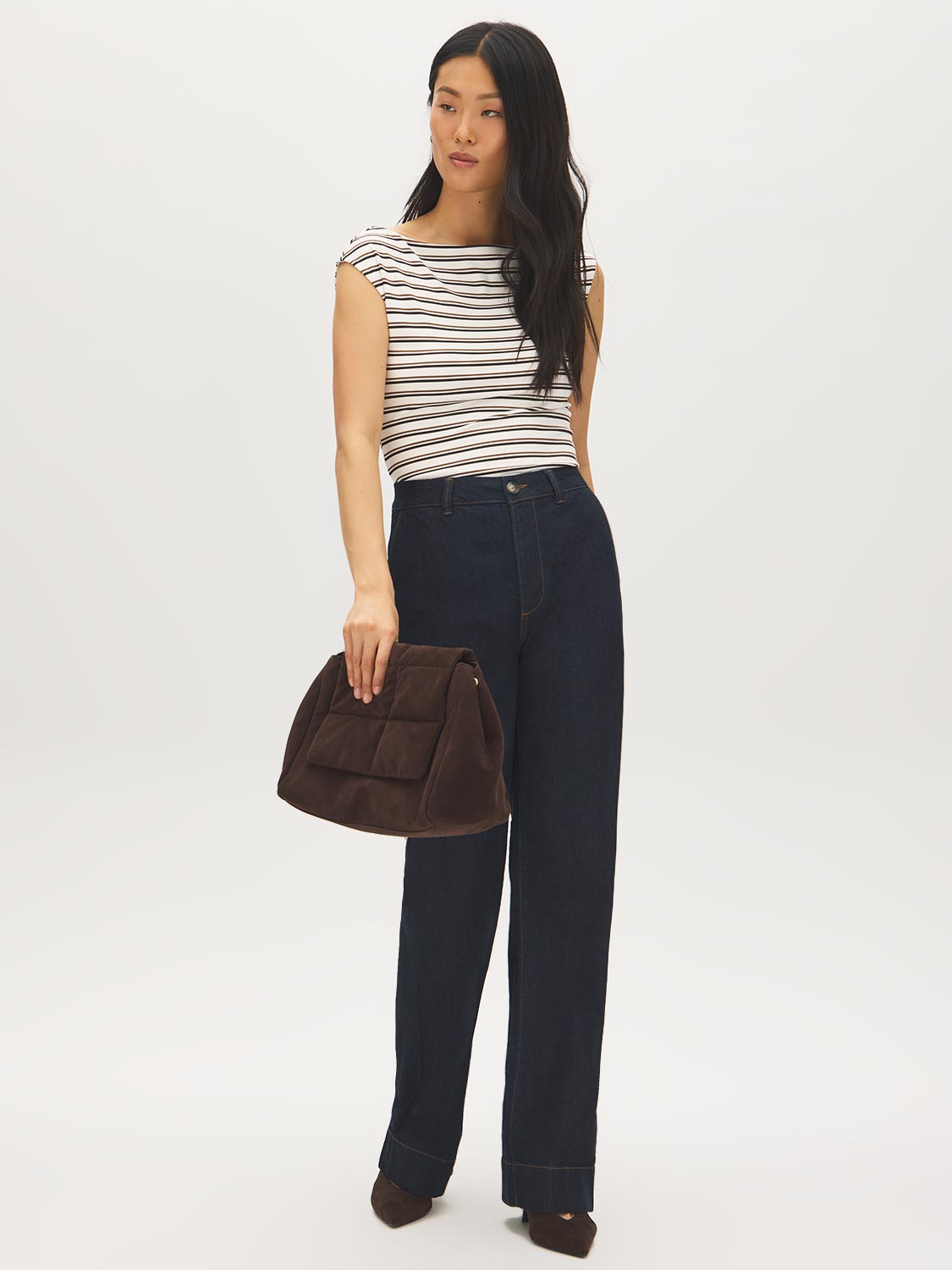 Winter White/Bison/Coffee Bean Striped Boat Neck Top - Front View - Suzy Shier