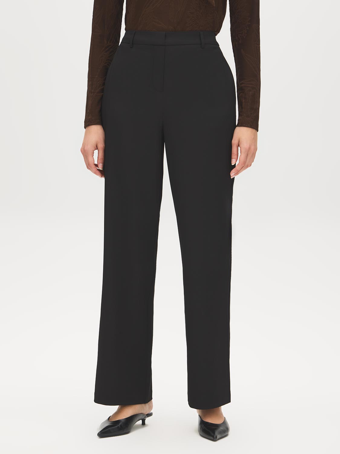 Black Pull-On Wide-Leg Pants with Seam Pockets - Front View - Suzy Shier