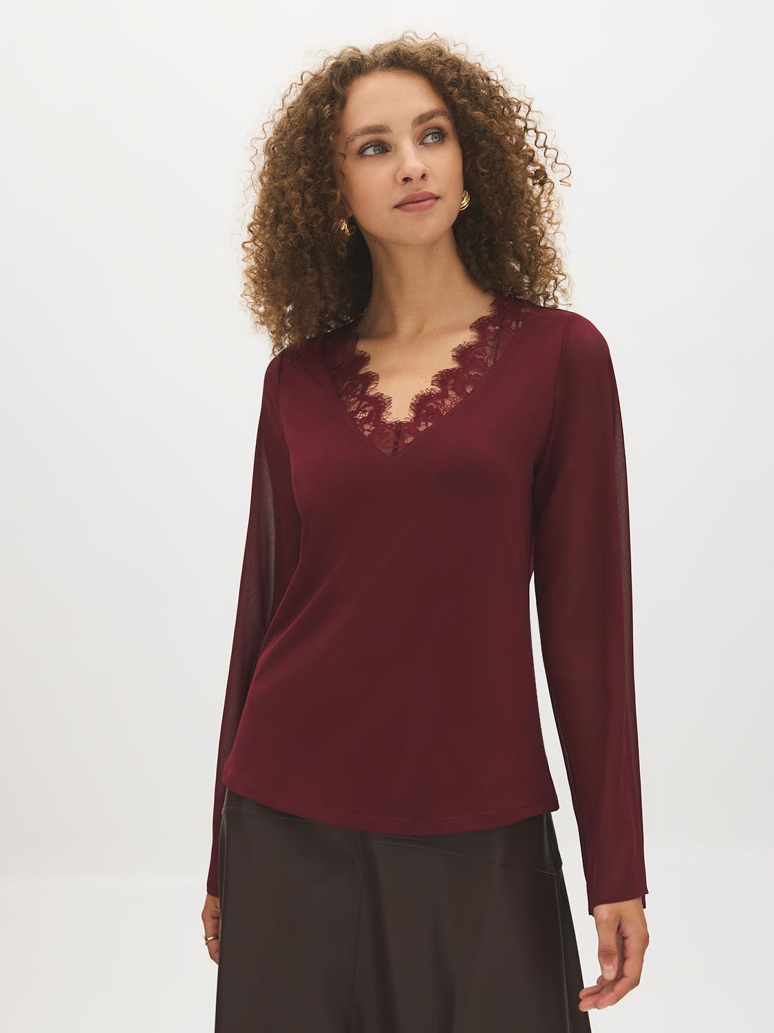 Bison V-Neck Top with Chiffon Sleeves and Lace Trim - Side Profile View - Suzy Shier