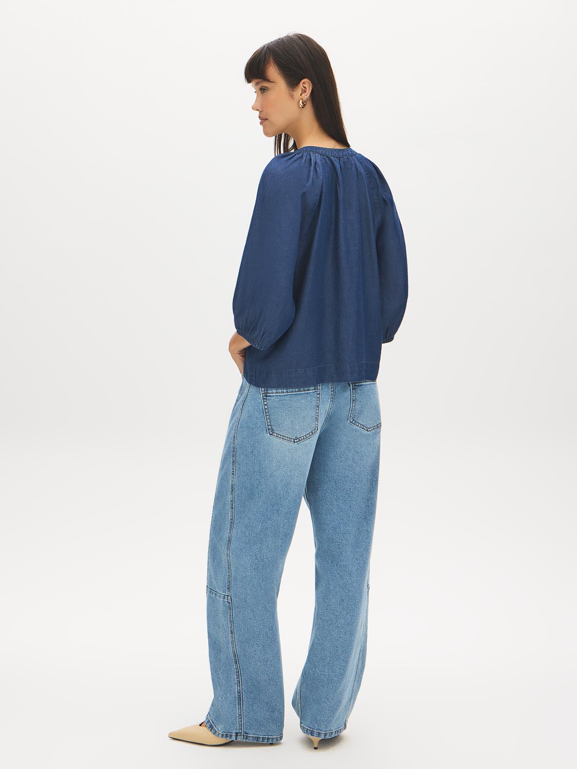 Dark Wash Button-Front Tencel Blouse with Balloon Sleeves - Back View - Suzy Shier