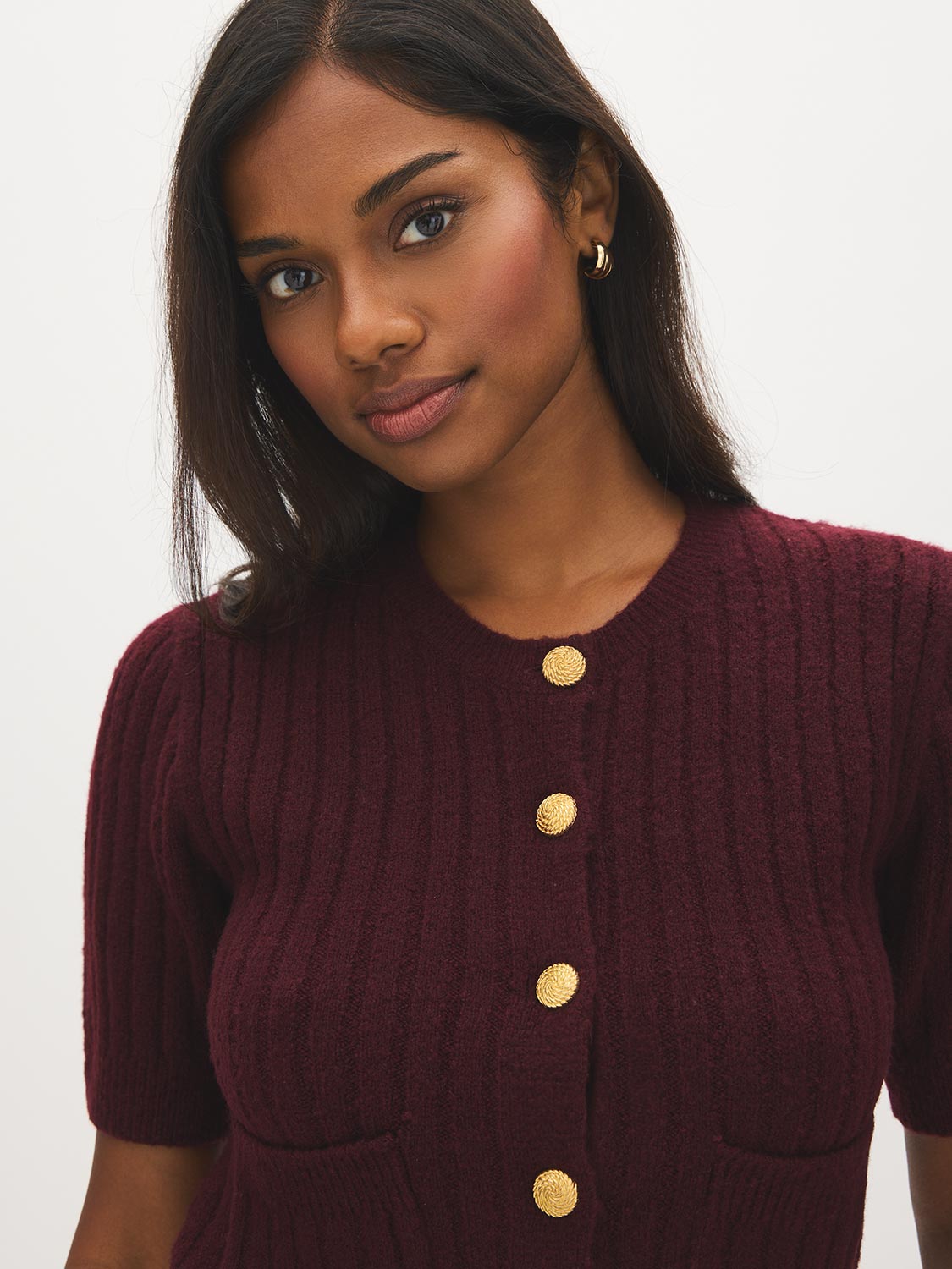Bruised Burgundy Ribbed Button-Front Cardigan - Close-up Button Detail - Suzy Shier