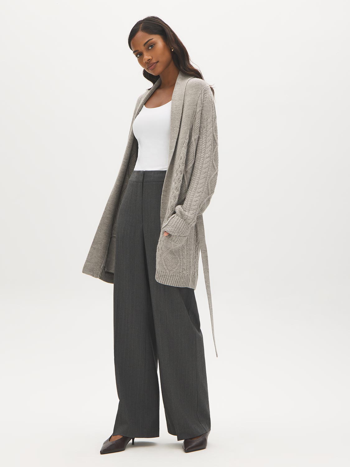 Dolphin Melange Cable Knit Shawl Collar Duster Sweater - Front View - Suzy Shier