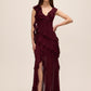 Bordeaux V-Neck Chiffon Gown with Tiered Ruffles - Woman Wearing Elegant Evening Dress - Le Chateau