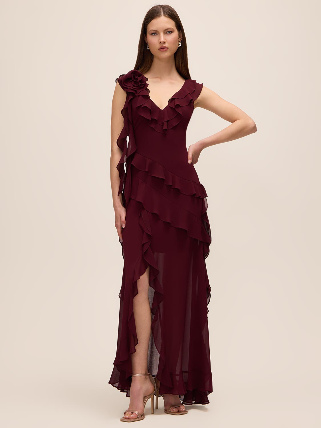 Bordeaux V-Neck Chiffon Gown with Tiered Ruffles - Woman Wearing Elegant Evening Dress - Le Chateau