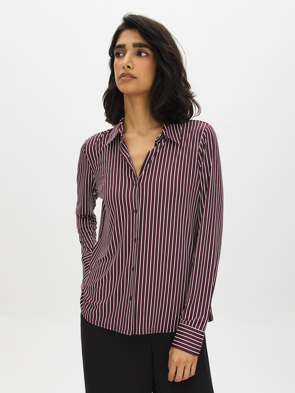Winetasting Stripe Button-Up Blouse - Woman Wearing Striped Shirt with Cuffs - Suzy Shier