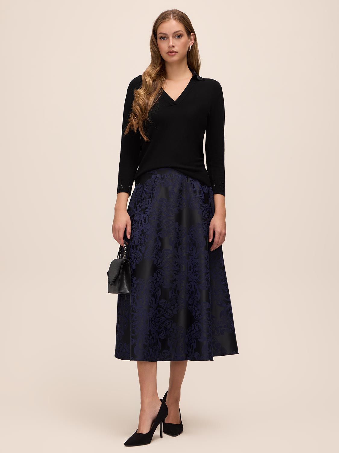 Sapphire/Black Baroque Jacquard Flared Skirt - Front View - Le Chateau