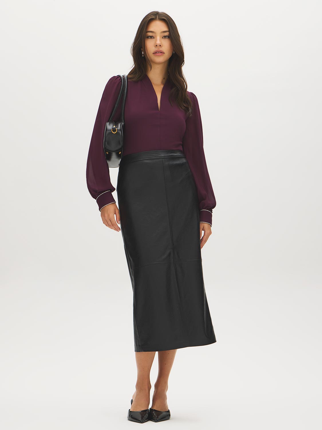 Winetasting V-Neck Scuba Crepe Top with Rhinestone Cuffs - Front View - Suzy Shier