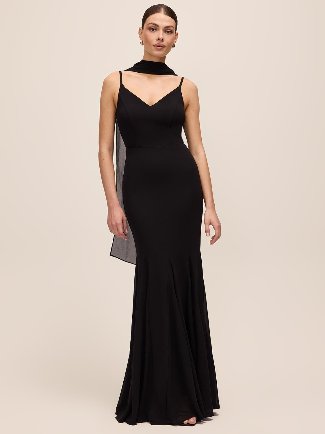 Black Knit Crepe Gown with Chiffon Godet Inserts - Front View - Le Chateau