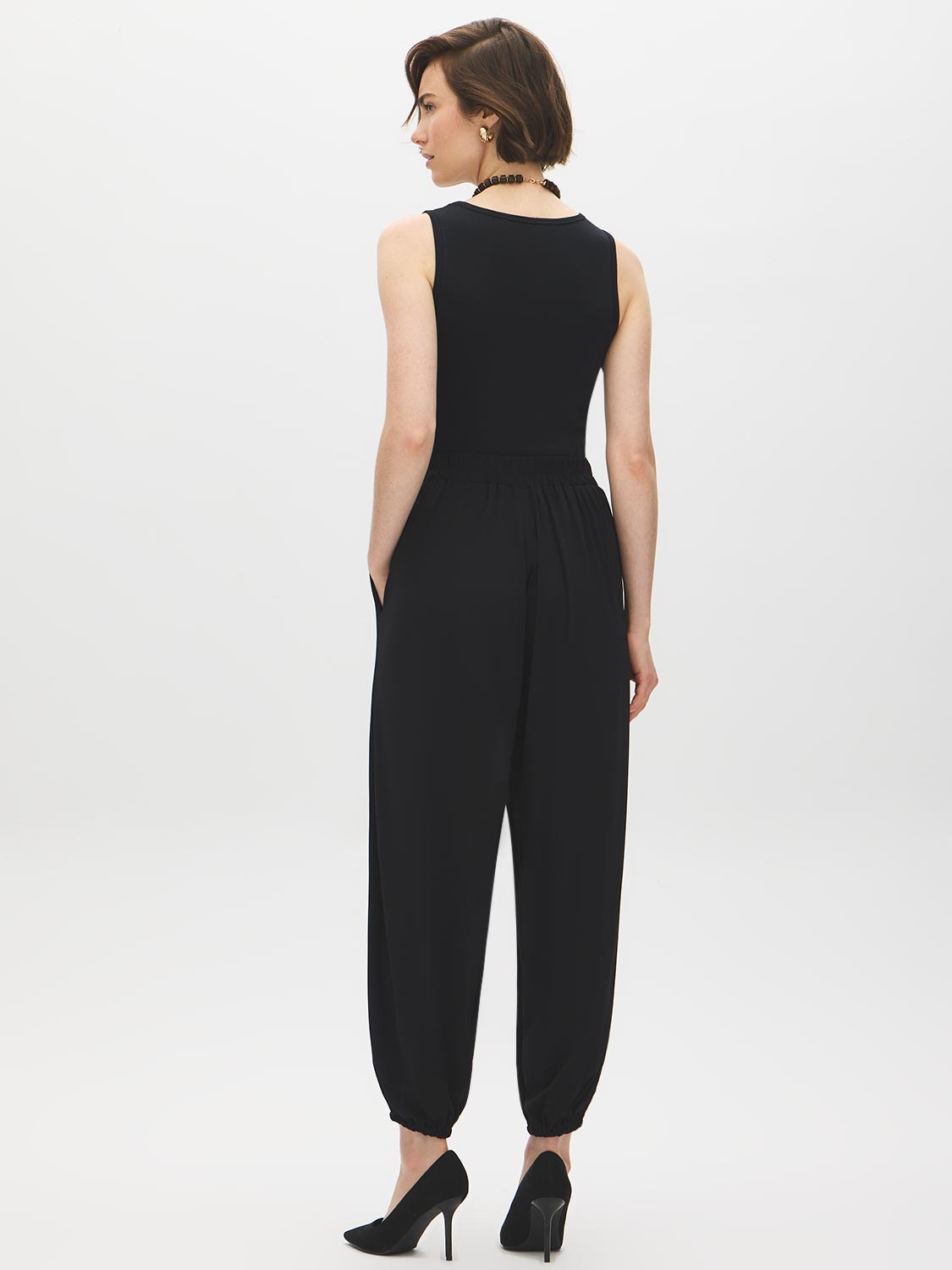 Black Balloon Knit Pants with Elastic Waist - Back View - Suzy Shier