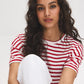 Jester Red Stripe Cotton Crew Neck Tee - Woman Wearing Loose-Fit Striped Top - Suzy Shier