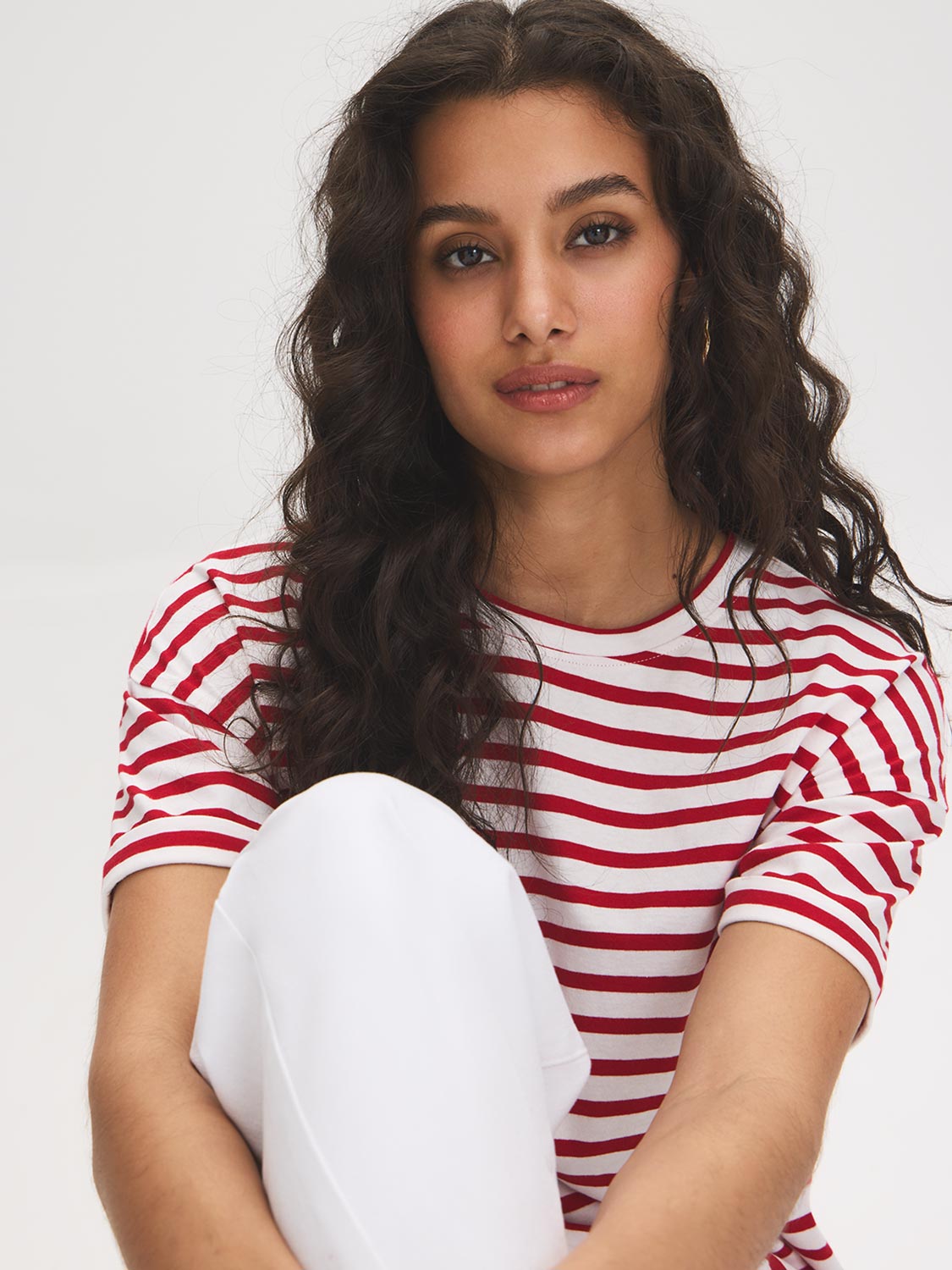 Jester Red Stripe Cotton Crew Neck Tee - Woman Wearing Loose-Fit Striped Top - Suzy Shier