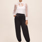 Black Satin Balloon Leg Pant - Woman Wearing Elegant Evening Pants - Le Chateau
