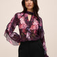 Eggplant Floral Keyhole Ruffle Blouse - Woman Wearing Romantic Floral Top - Le Chateau