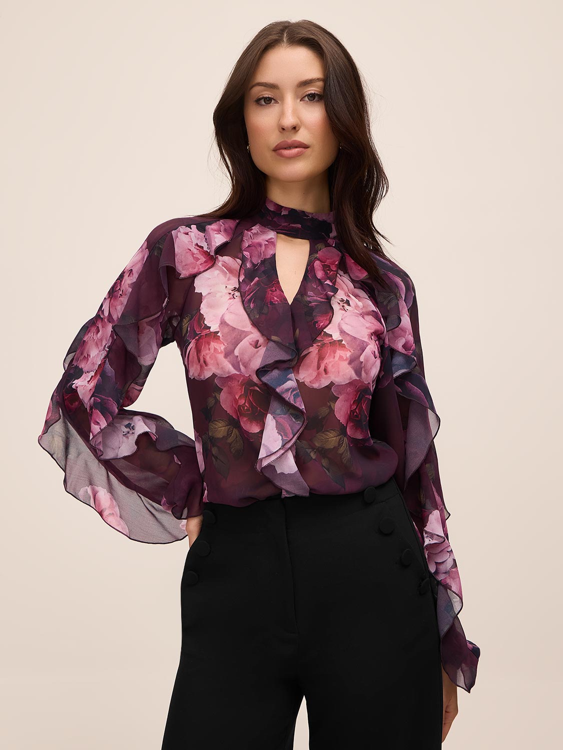 Eggplant Floral Keyhole Ruffle Blouse - Woman Wearing Romantic Floral Top - Le Chateau