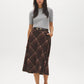 Brown Plaid Hacci Knit Pull-On Skirt - Woman Wearing Plaid Semi-Circular Skirt - Suzy Shier