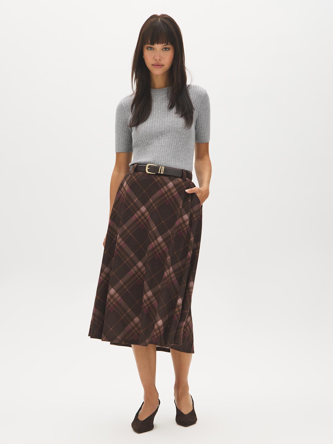 Brown Plaid Hacci Knit Pull-On Skirt - Woman Wearing Plaid Semi-Circular Skirt - Suzy Shier