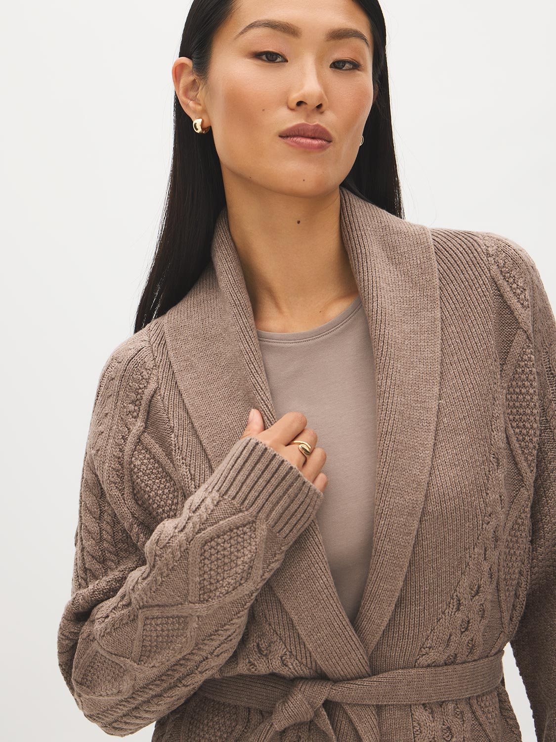 Cedar Cable Knit Shawl Collar Sweater - Collar Detail - Suzy Shier
