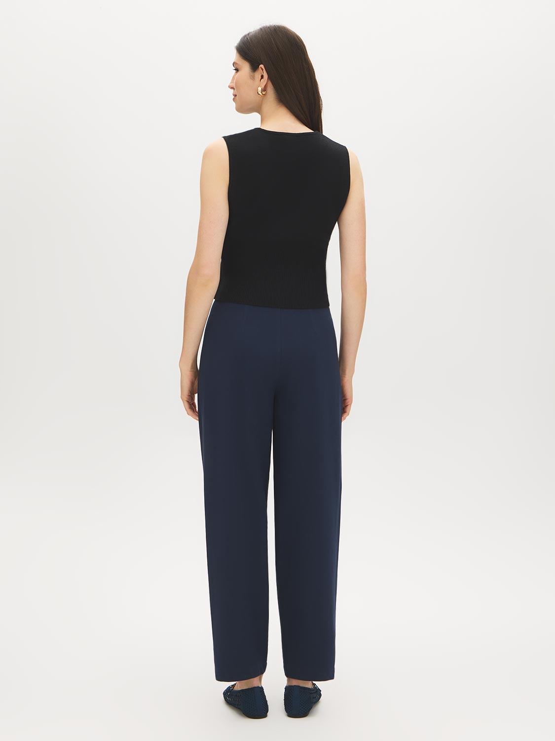Black Sleeveless Ribbed Knit Sweater with Faux Button Placket - Back View - Suzy Shier