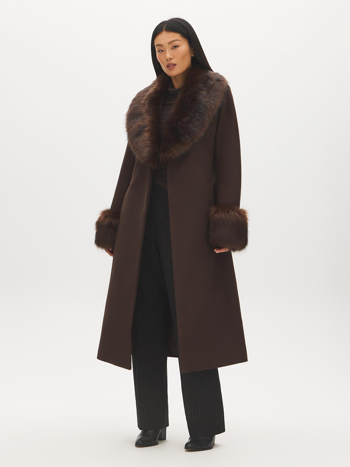 Dark Brown Melange Long Belted Faux Wool Coat - Front View - Suzy Shier