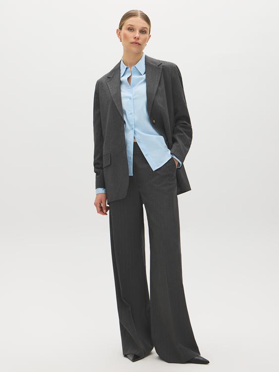 Charcoal/White Pinstripe Wide-Leg Trousers - Woman Wearing Office-Ready Pants - Suzy Shier