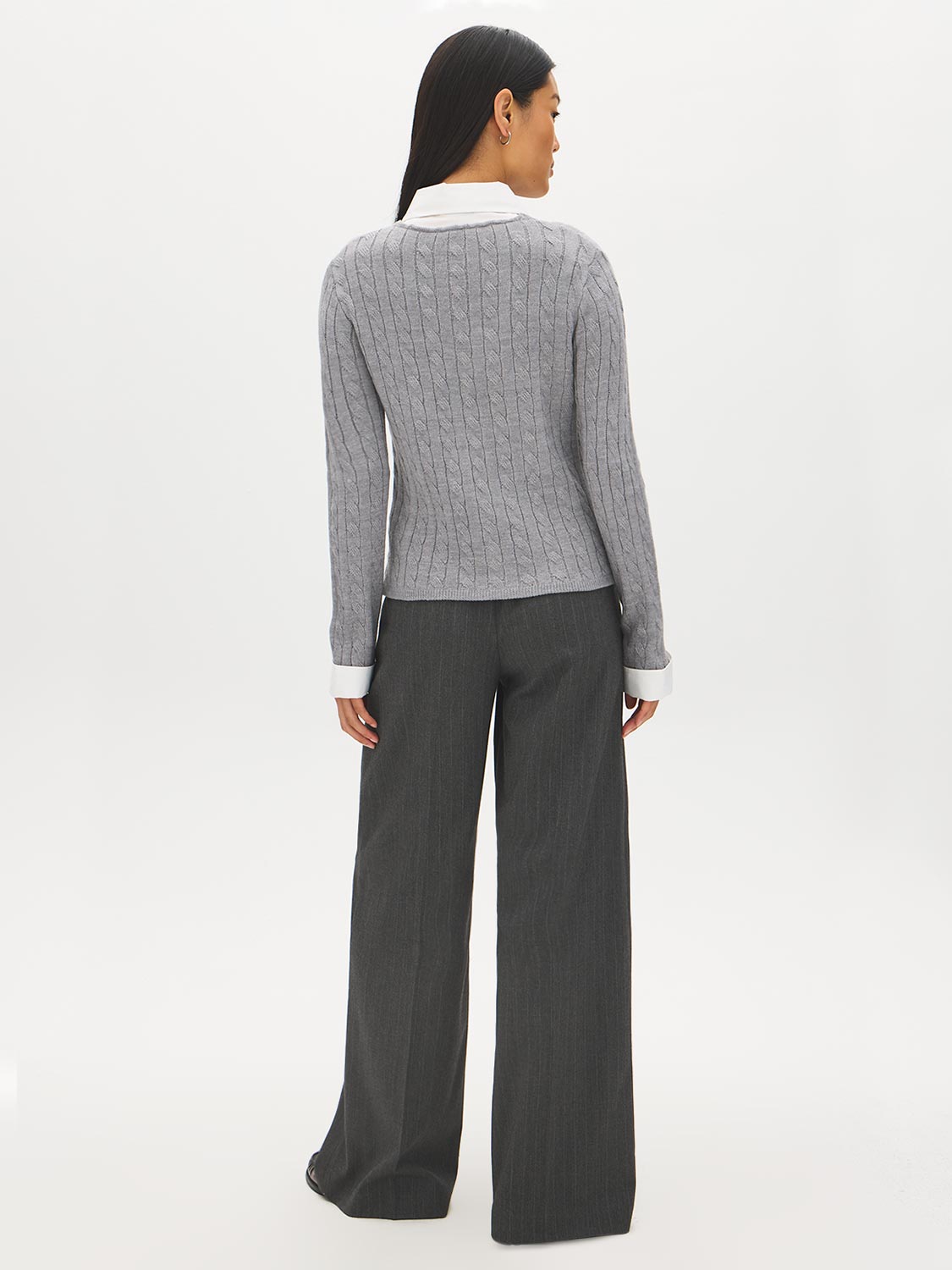 MG Grey Mix Twofer Cable Knit V-Neck Cardigan - Back View - Suzy Shier