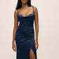 Midnight Blue Stretch Satin Gown with Bustier Upper - Front View - Le Chateau