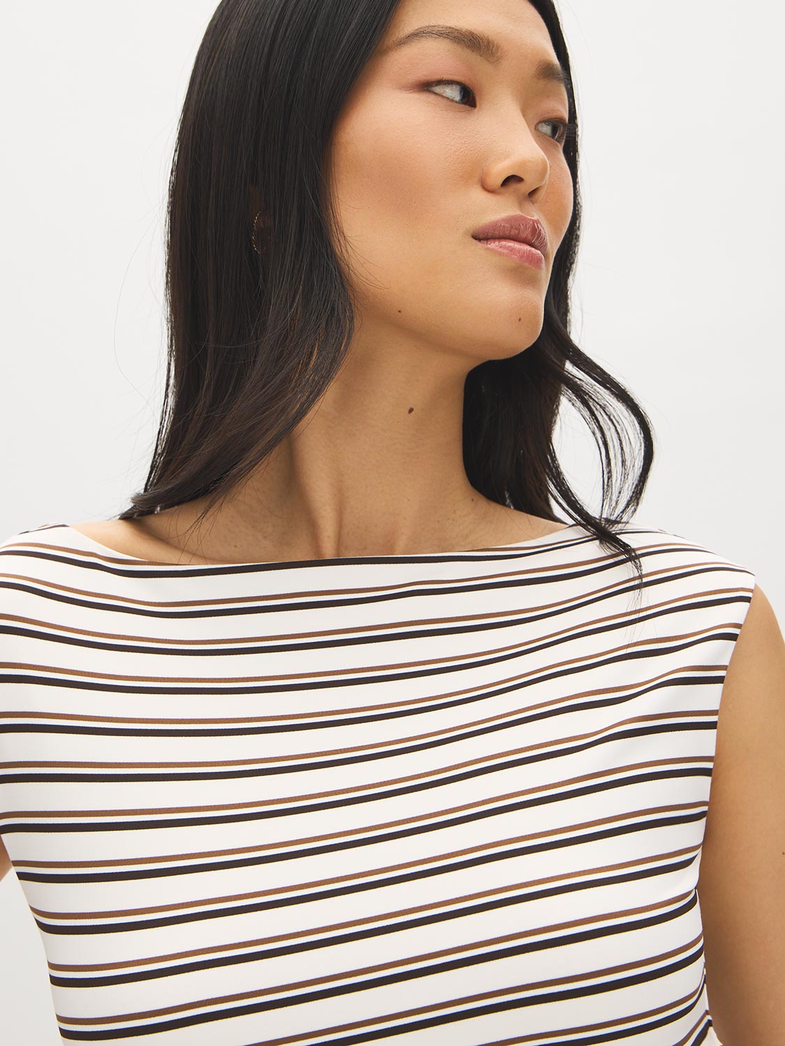 Winter White/Bison/Coffee Bean Striped Boat Neck Top - Close-up View - Suzy Shier