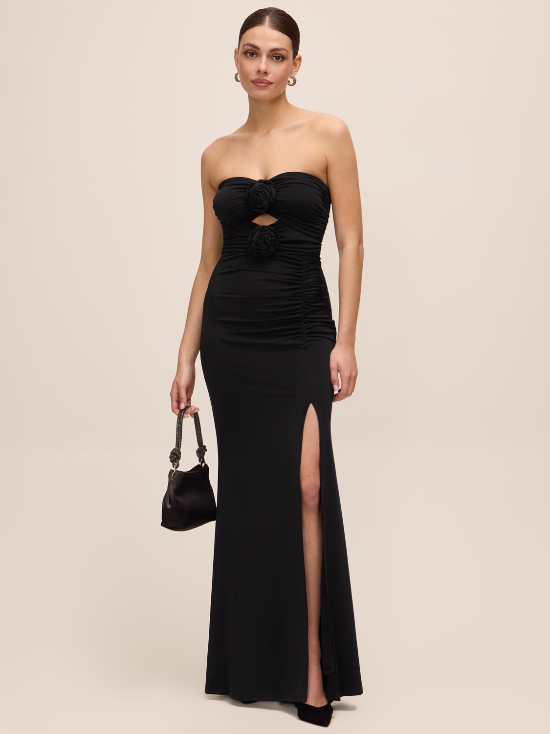 Black Strapless Gown with Rosette Trim - Front View - Le Chateau