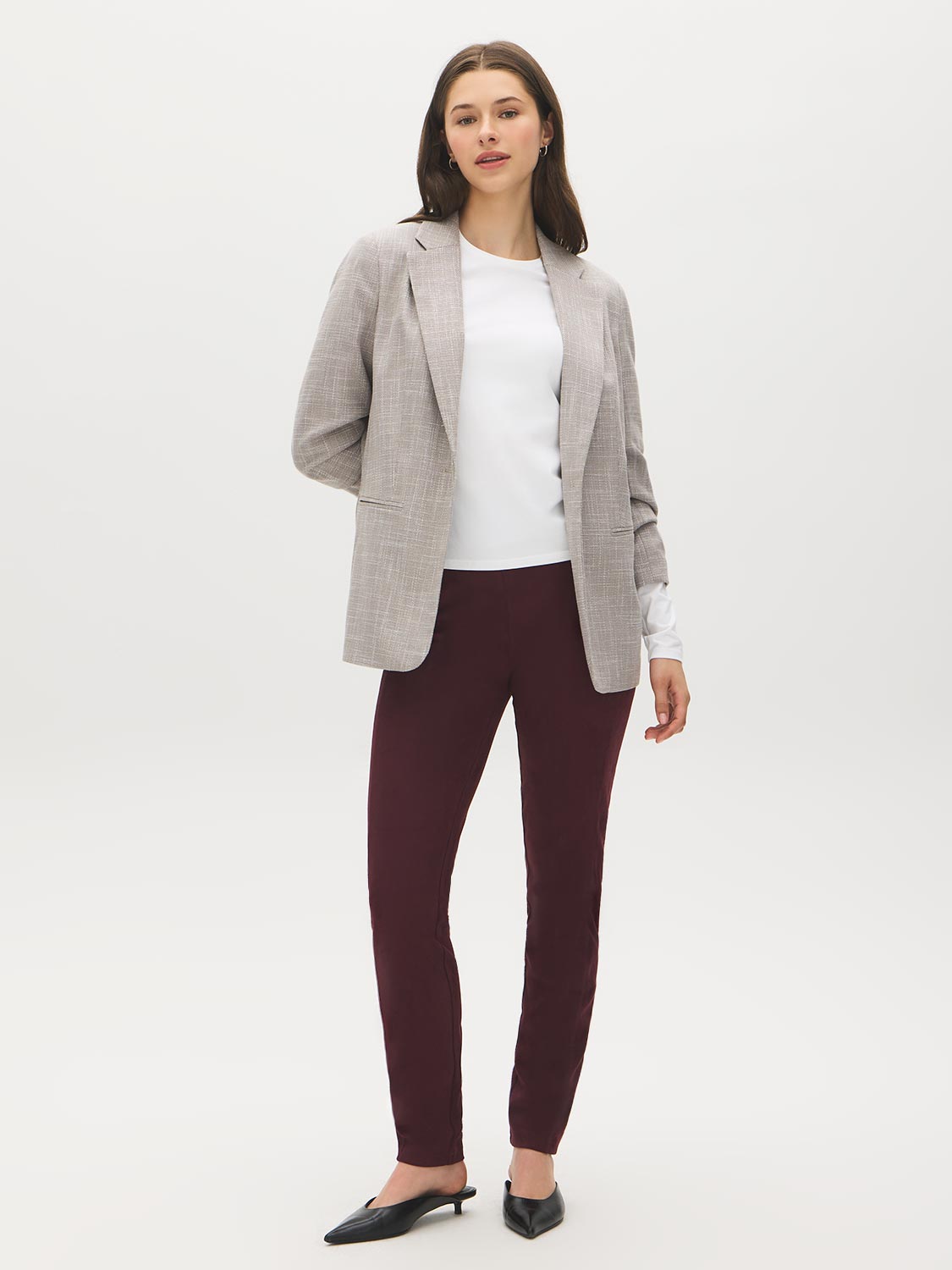 Winetasting Faux Suede Slim Leg Pull-On Pant - Woman Wearing Stretch Knit Pants - Suzy Shier