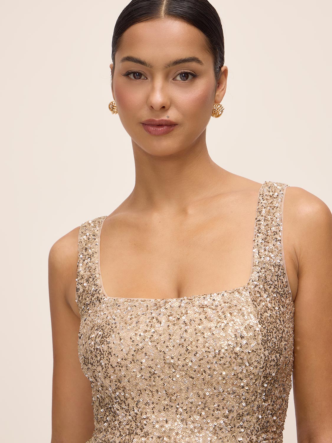 Gold Sequin Fit & Flare Midi Dress with Pleating - Close-up Neckline Detail - Le Chateau
