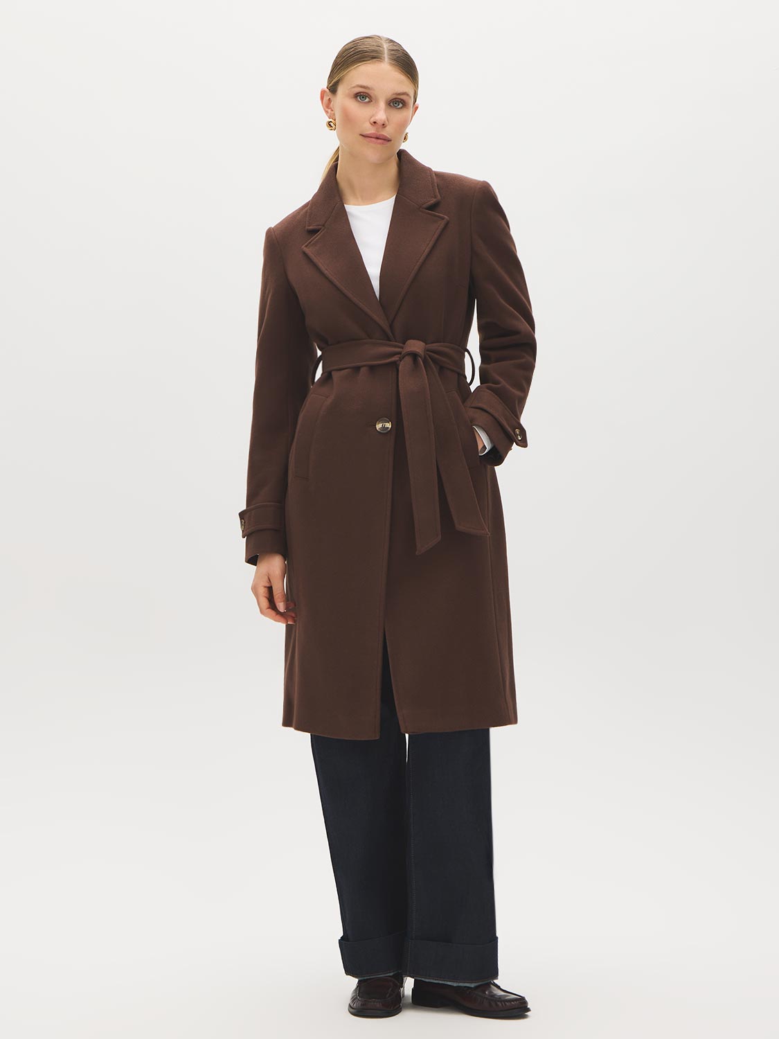 Chicory Coffee Faux Wool Mid-Length Wrap Coat - Full Front View - Suzy Shier