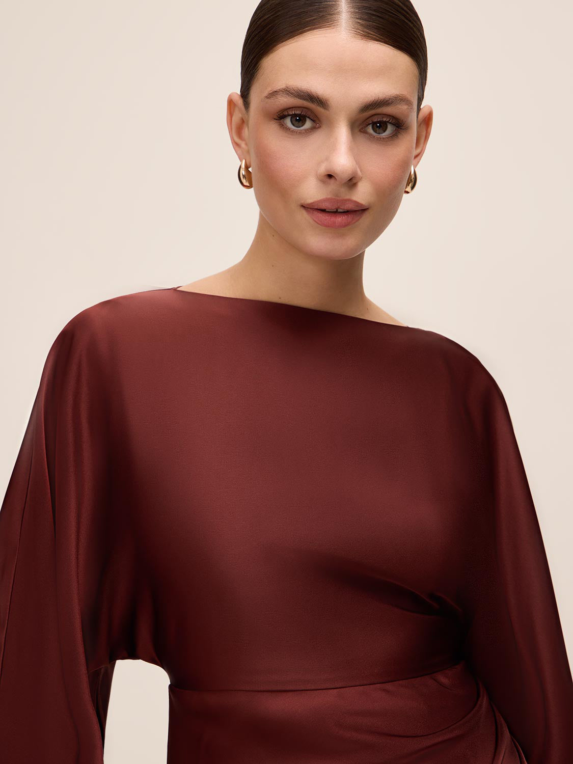 Brick Satin Boat Neck Sheath Dress - Close-up Fabric Detail - Le Chateau