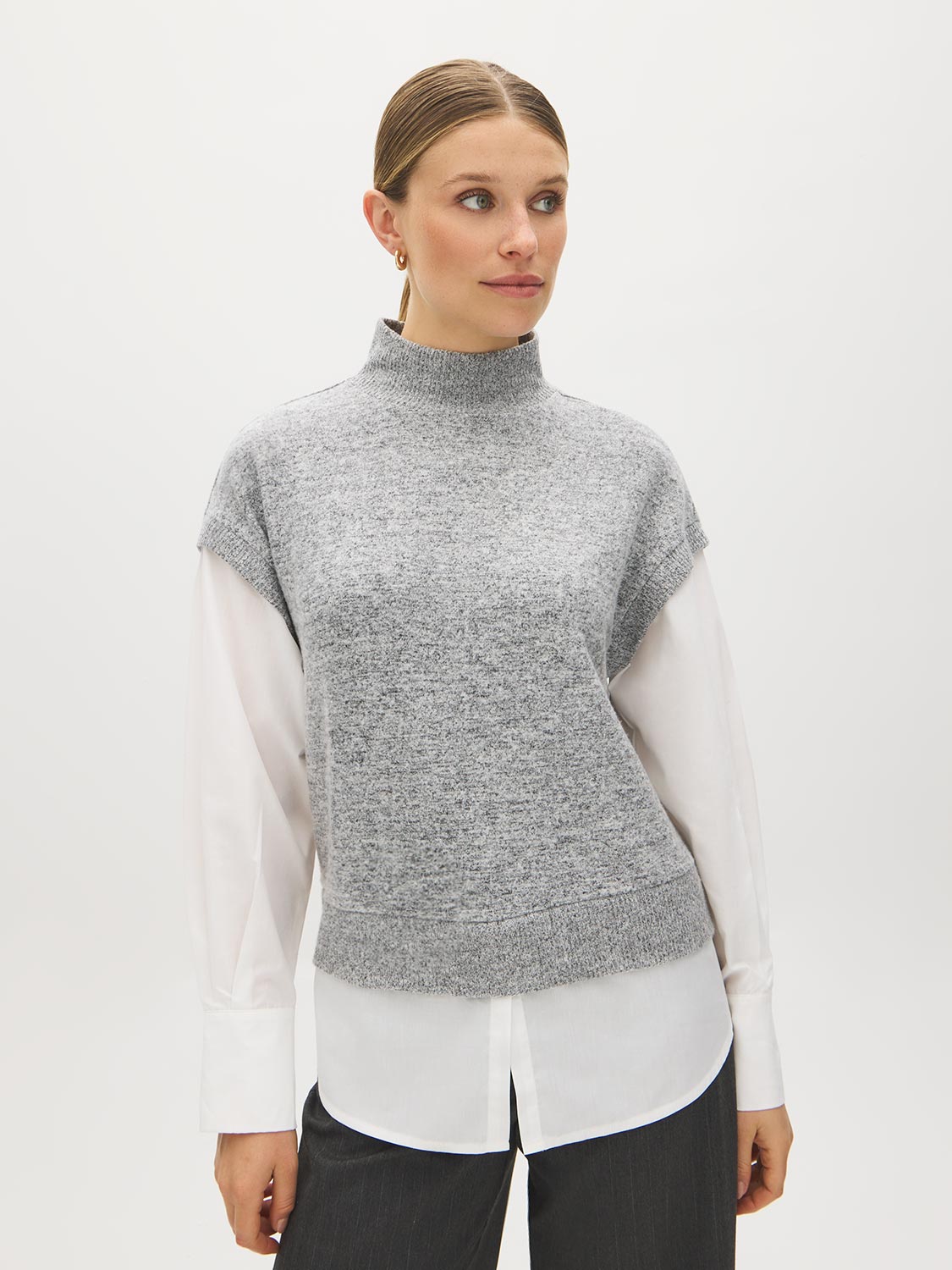 Grey Melange Mock Neck 2fer Knit Top with Poplin Sleeves - Woman Wearing Layered Look Knit Top - Suzy Shier