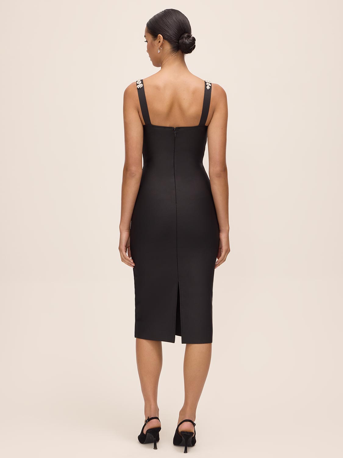 Black Square Neck Bandage Sheath Dress with Jewel Trim - Back View - Le Chateau