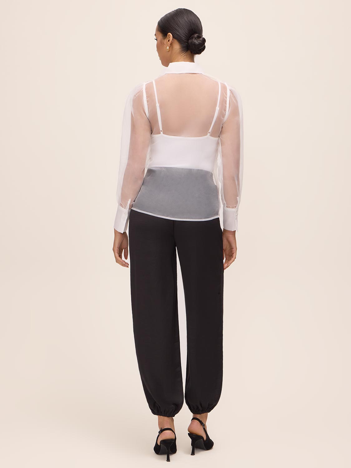 Off White Floral Appliqué Organza Blouse - Back View - Le Chateau