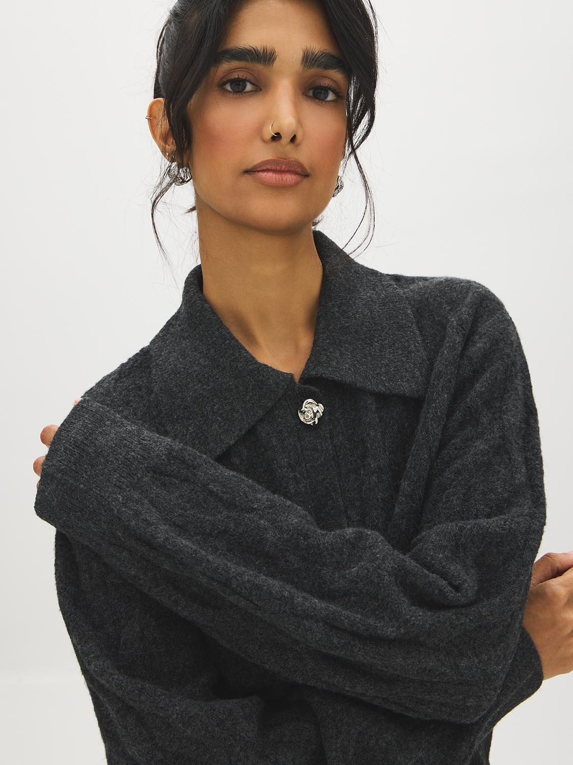 Thunder Storm Cable Knit Sweater with Large Collar - Collar Detail - Suzy Shier